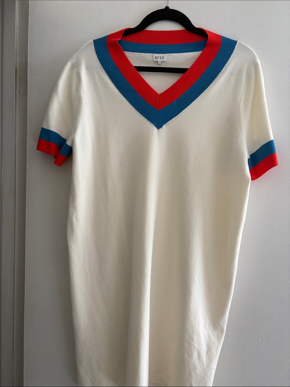 KULE Cream V-Neck Knit Dress with Blue and Red Trim